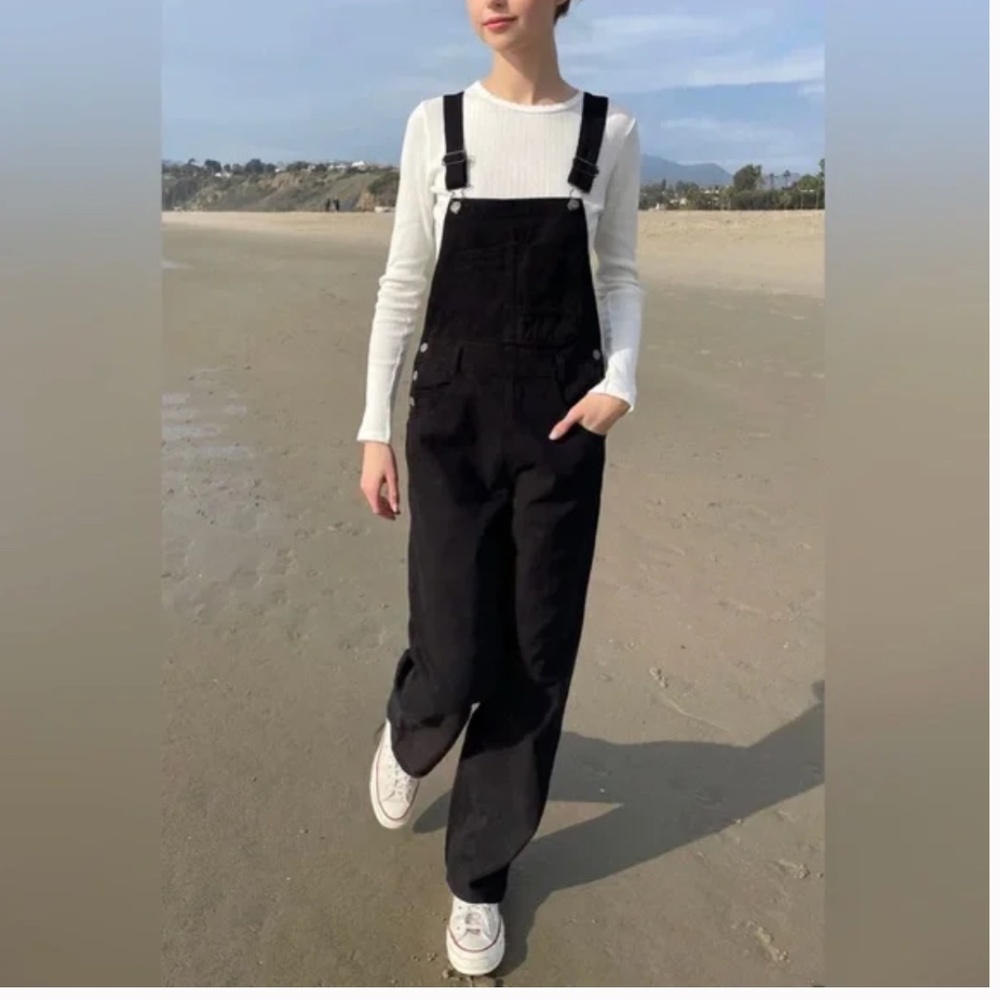 BRANDY MELVILLE John Galt Haley Black Denim Overalls Straight Leg Jrs Small NWT